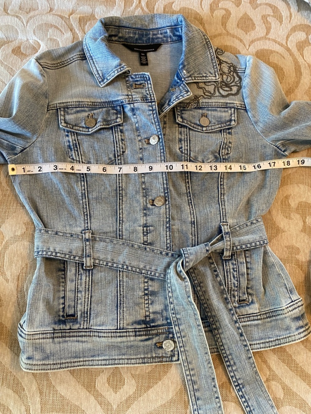 White House Black Market Embroidered Denim Jacket XS Belted Floral Detail - Picture 5 of 13